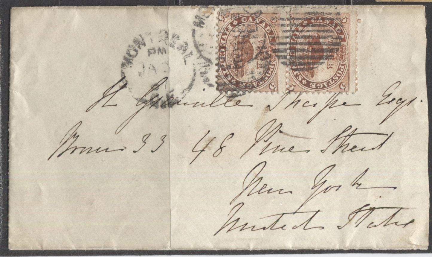 Lot 296 Canada #15 5c Vermilion, Beaver, 1859-1867 First Cents Issue. Pair of Perf. 12 Used on January 1867 Cover to New York, USA