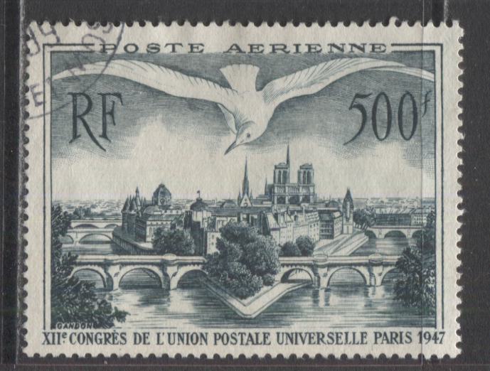 Lot 297 France SC#C22 500f Bluish Gray 1947 UPU Congress Airmail, A VF Used Example, 2017 Scott Cat. $45 USD, Click on Listing to See ALL Pictures