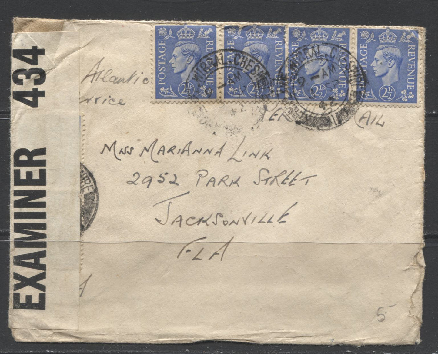 Lot 298 Great Britain #262, Strip Of 4 Used On Censored 10d Rate Cover To Jacksonville, Florida. Unusual Rate, Some Edge Creases