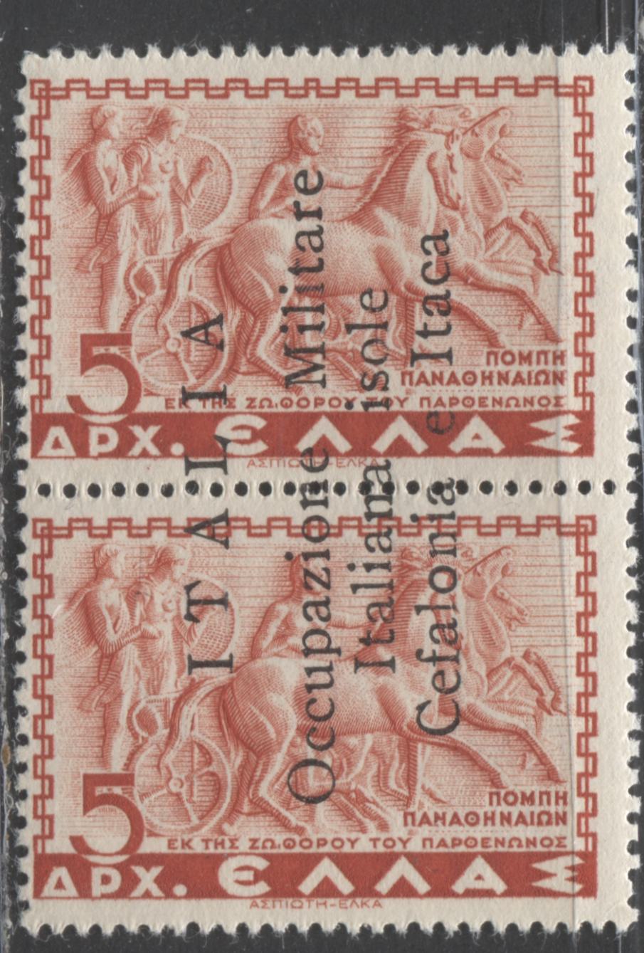 Lot 299 Greece - Ionian Islands SC#N10a 5d Red 1941 Occupation Issue, Overprint Reading Up, A FOG Pair, 2017 Scott Cat. $200 USD, Click on Listing to See ALL Pictures