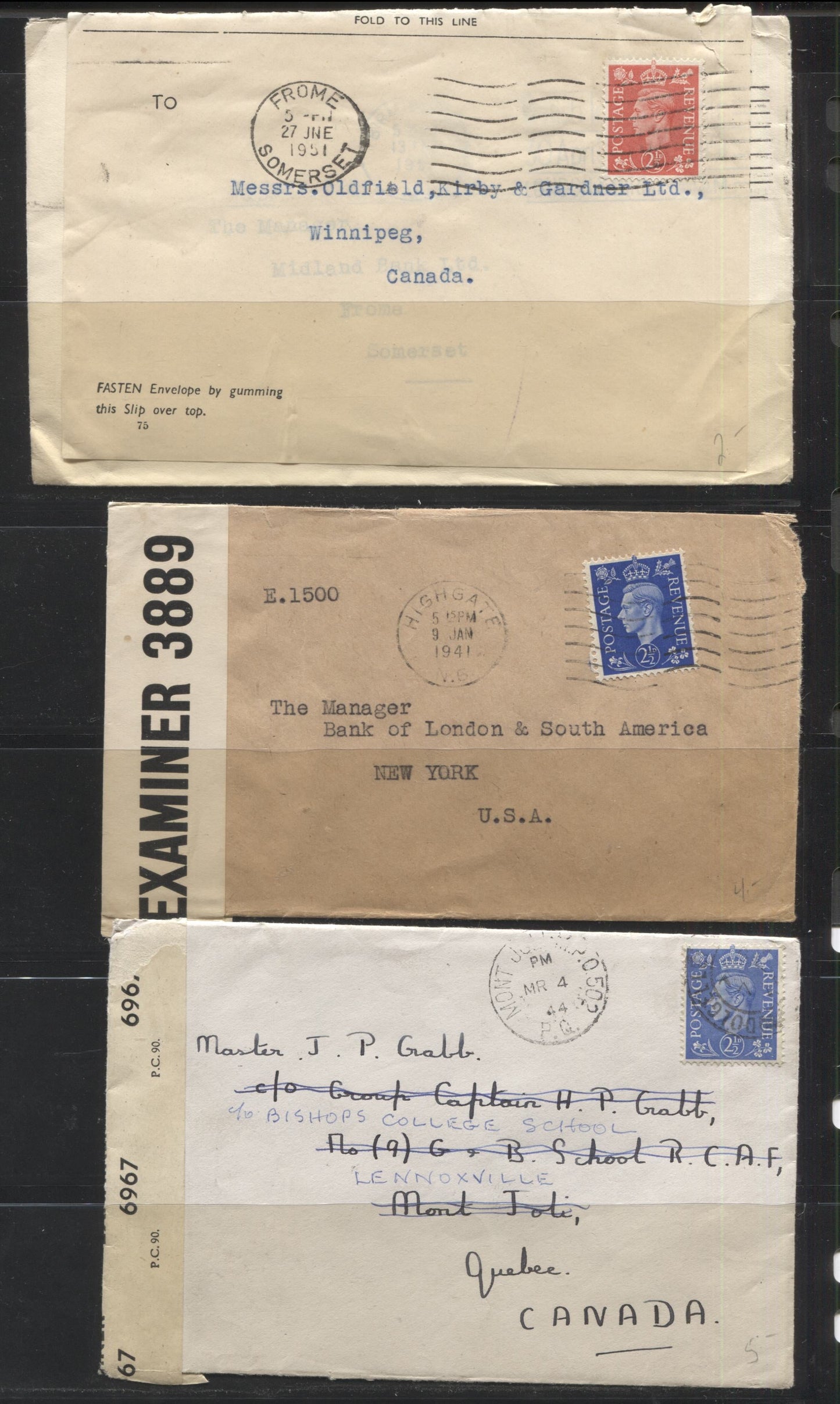 Lot 299 Great Britain, 1941-1951 Censored 2.5d Rate Covers To Canada, Including Re-Used Envelope Covered With Re-Use Label