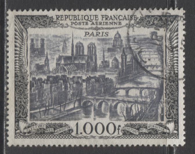 Lot 299 France SC#C27 1.000f Gray 1950 Airmail Issue, A VF Used Example, 2017 Scott Cat. $27.50 USD, Click on Listing to See ALL Pictures