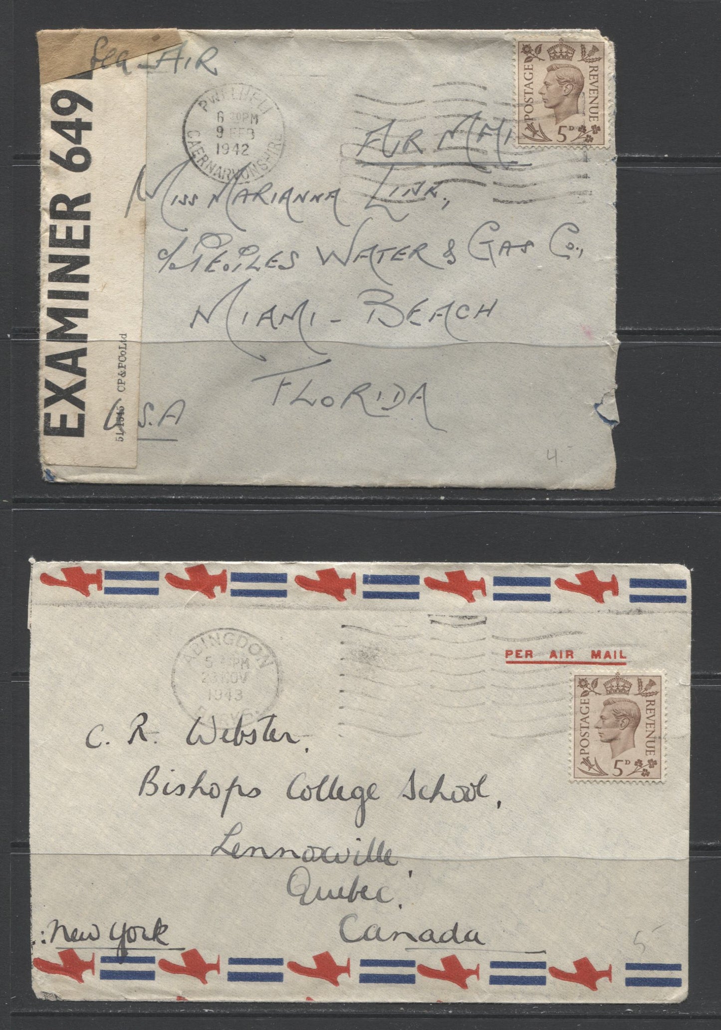 Lot 300 Great Britain, 1940's Censored & Uncensored Airmail Covers To Canada & Florida, Franked With 5d Rates Between 1941 & 1943