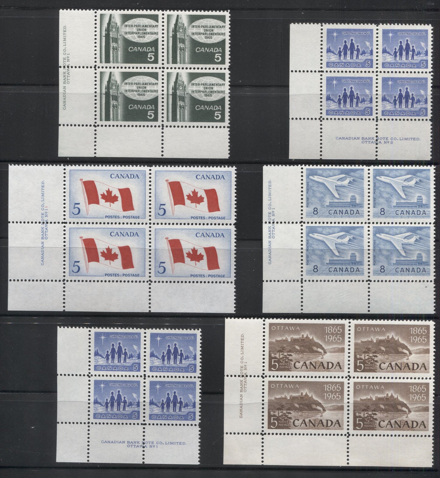 Lot 30 Canada #435-442 5c & 8c Blue - Brown Star Of Bethlehem - Parliament Buildings, 1964-1965 Commemorative & Definitives, 9 VFNH LL Plates 1-2 Blocks Of 4, 435i and 436i are on Fluorescent Paper