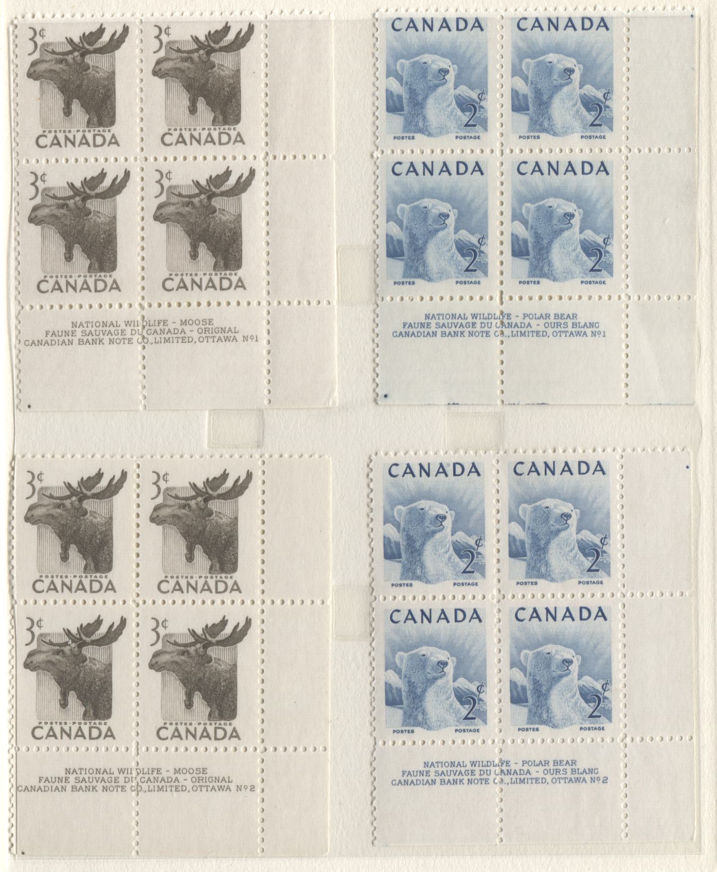 Lot 30 Canada #317-320, 322-323 4c - 3c Blue & Red - Brown Red Cross Symbol - Moose, 1952-1953 Commemorative Issues, 12 VFNH LR Plates 1-2 Blocks Of 4