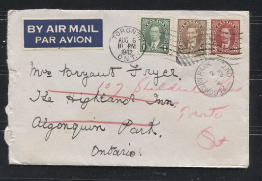 Lot 30 Canada #231-233 1c Green - 3c Carmine King George VI, 1937-1942 Mufti Issue, Combination Usage on Redirected Airmail Cover