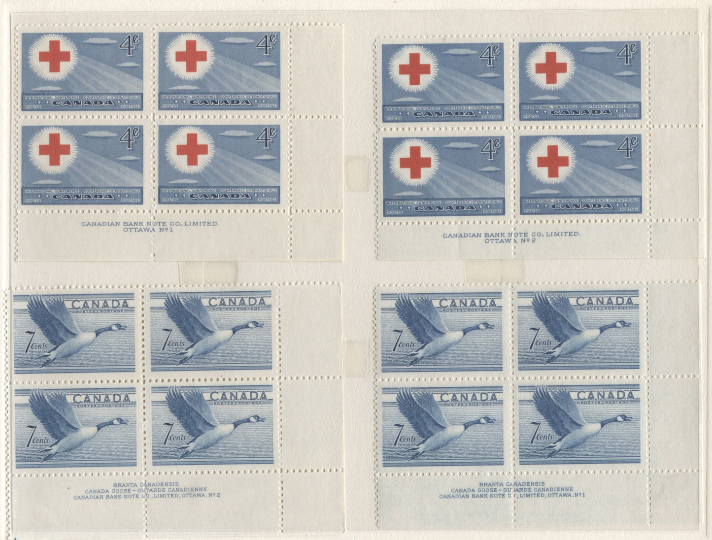 Lot 30 Canada #317-320, 322-323 4c - 3c Blue & Red - Brown Red Cross Symbol - Moose, 1952-1953 Commemorative Issues, 12 VFNH LR Plates 1-2 Blocks Of 4