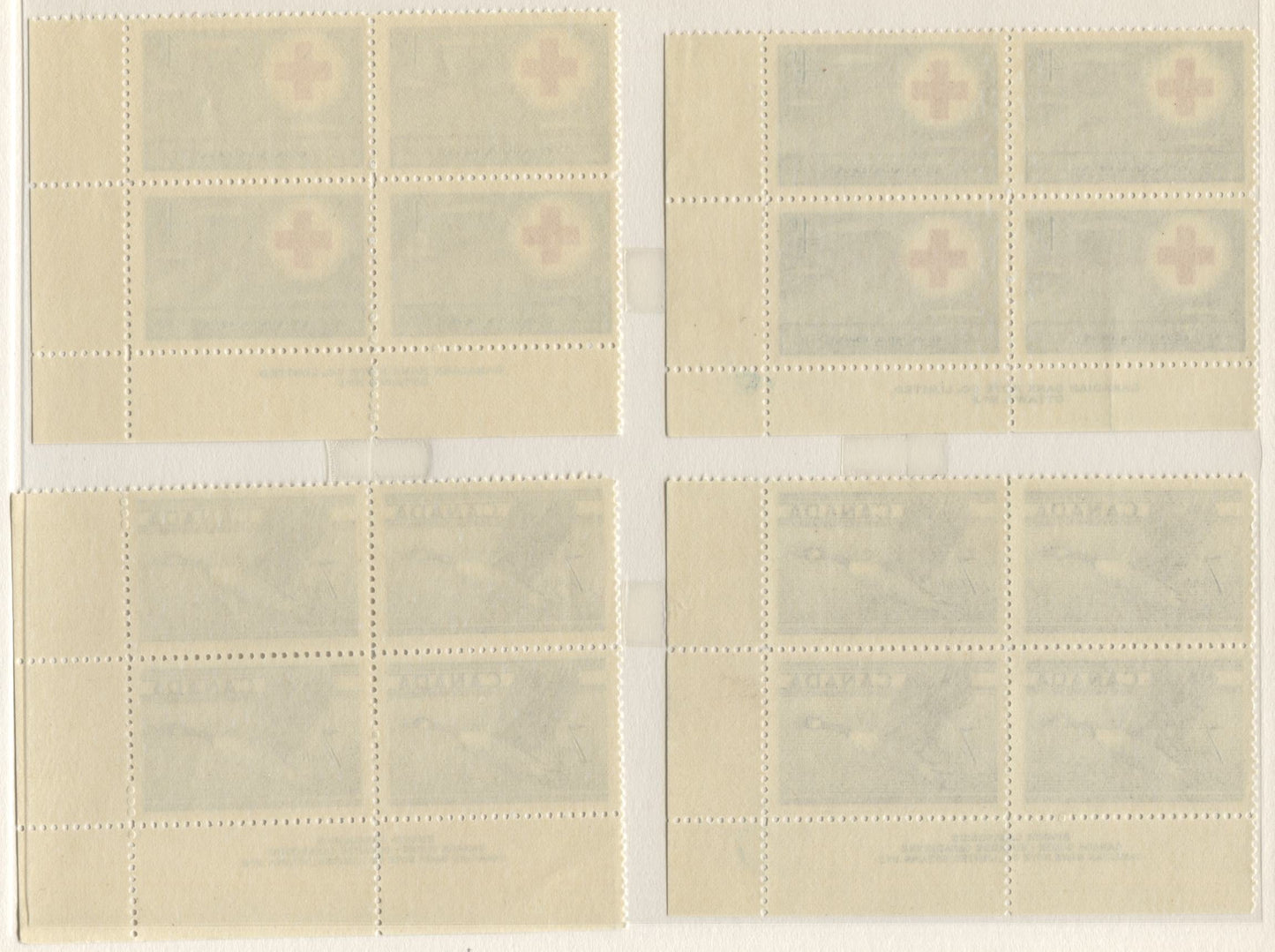 Lot 30 Canada #317-320, 322-323 4c - 3c Blue & Red - Brown Red Cross Symbol - Moose, 1952-1953 Commemorative Issues, 12 VFNH LR Plates 1-2 Blocks Of 4