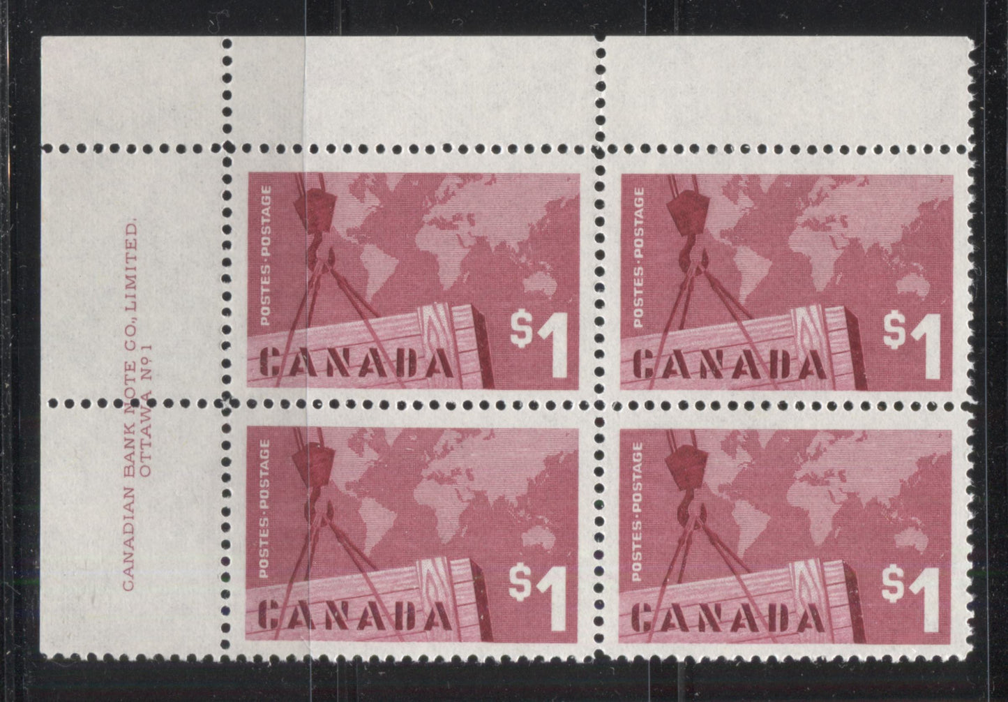Lot 4 Canada #411 $1 Carmine Rose Crane & Map, 1963 Canadian Exports Issue, A VFNH UL Plate 1 Block Of 4, DF Paper With Light Vertical Ribbing