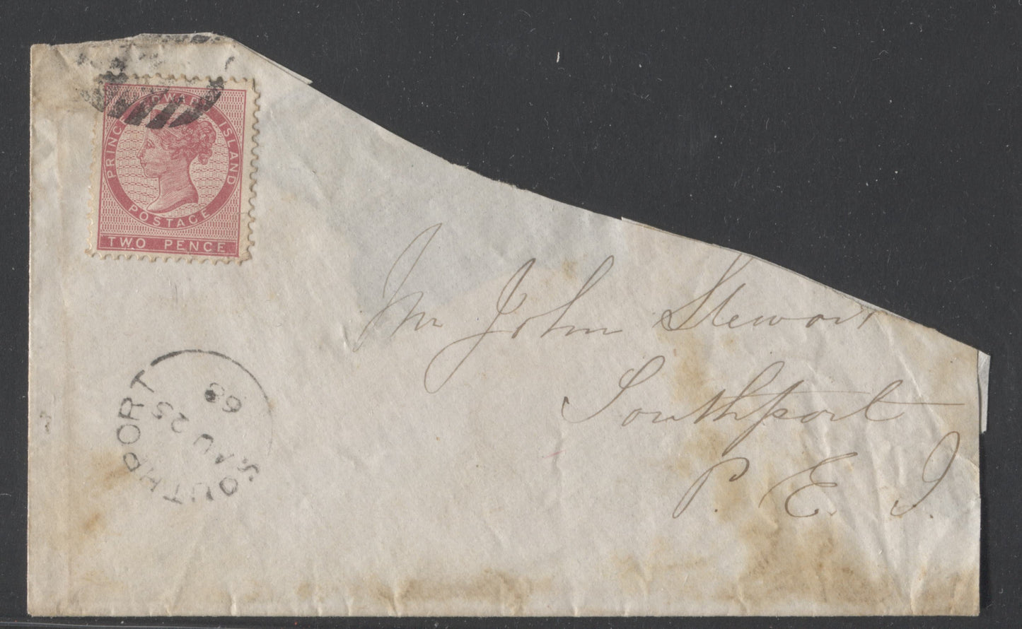 Lot 3 Prince Edward Island #5 2d Deep Rose Perf. 12 x 11.75 Die 1 Single Usage on August 25, 1869 Partial Cover to John Stewart, Politician, Nice Strike of Rare P91 Receiver Cancellation For Southport, One of Only 4 Known!