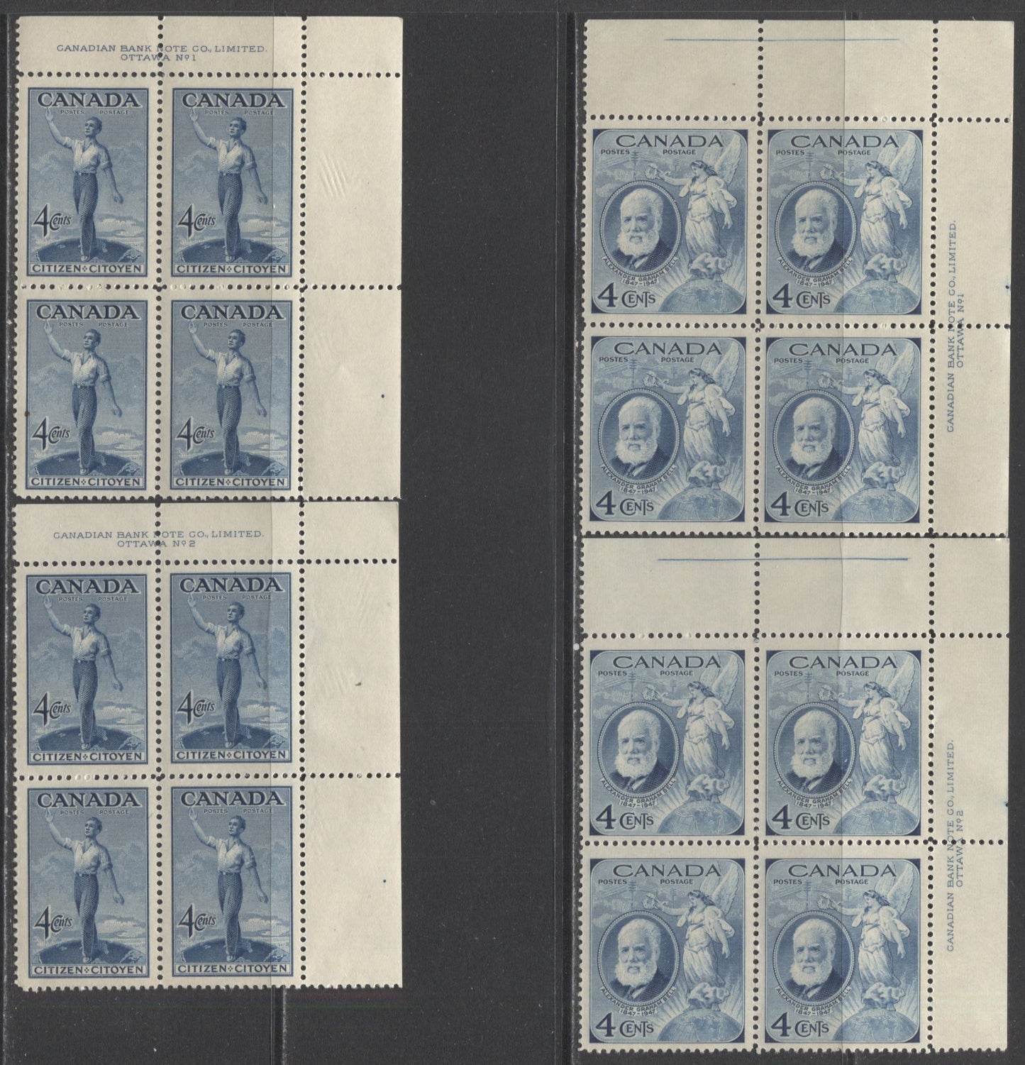 Lot 3 Canada #274-277, 282-283 4c Deep Blue - Purple Alexander Graham Bell - Founding Of Halifax, 1947-1949 Commemorative Issues, 12 VFNH UR Plates 1-2 Blocks Of 4