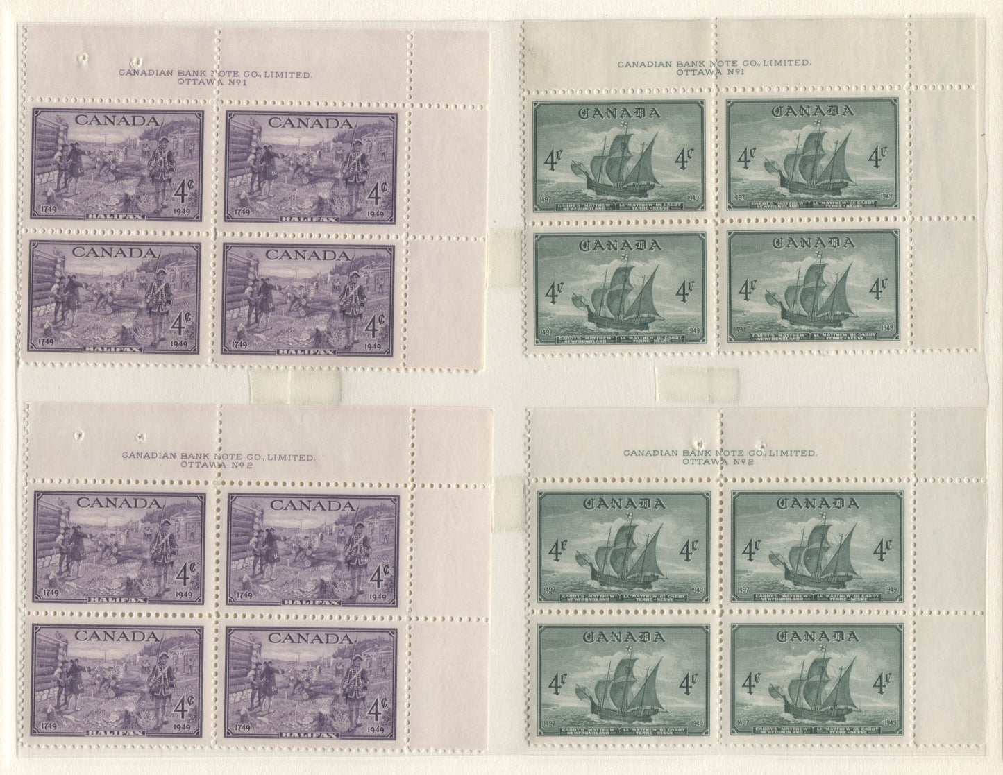 Lot 3 Canada #274-277, 282-283 4c Deep Blue - Purple Alexander Graham Bell - Founding Of Halifax, 1947-1949 Commemorative Issues, 12 VFNH UR Plates 1-2 Blocks Of 4