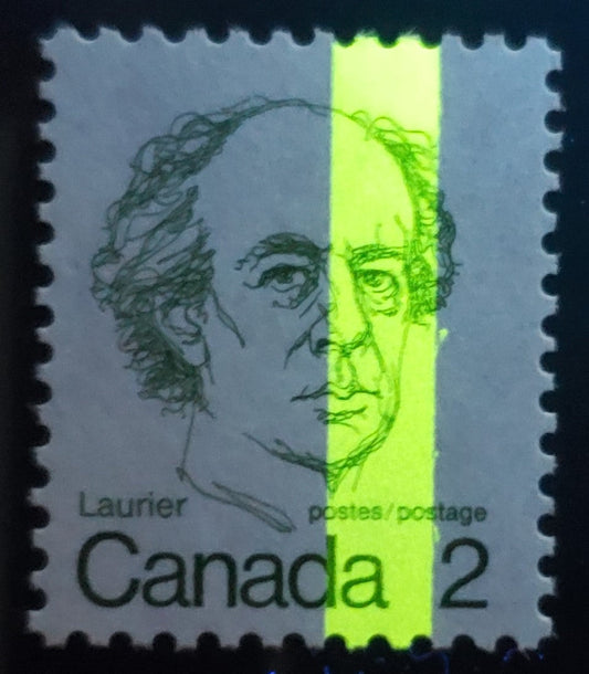 Lot 147 Canada #587i T3a 2c Green Sir Wilfred Laurier, 1973 - 1976 Caricature Issue, A VFNH Single On NF/NF Deep Bluish Grey Paper, G2aC Tagging Error