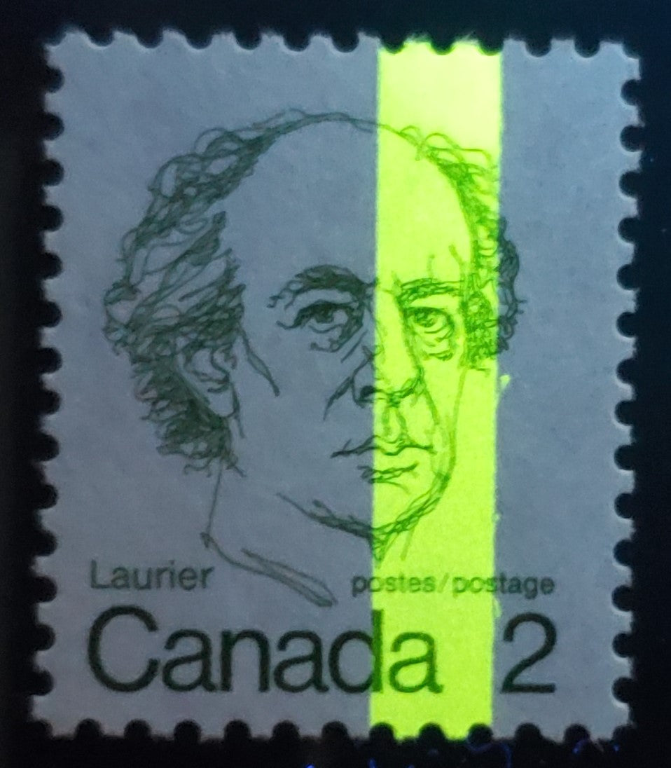 Lot 300 Canada #587i T3a 2c Green Sir Wilfred Laurier, 1973 - 1976 Caricature Issue, A VFNH Single On NF/NF Deep Bluish Grey Paper, G2aC Tagging Error