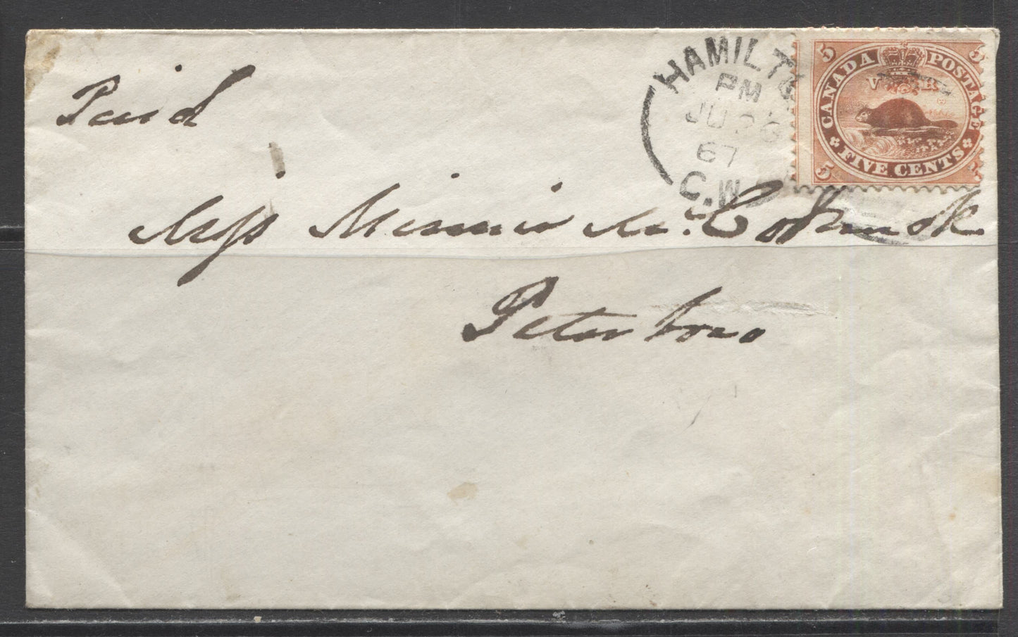 Lot 301 Canada #15c 5c Brick Red, Beaver, 1859-1867 First Cents Issue, Single Usage of Perf. 11.75 on June 26, 1867 Cover to Peterborough