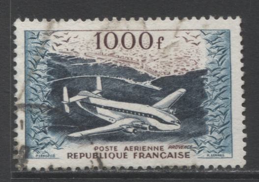 Lot 301 France SC#C32var 1000f Blue & Brown 1955 Airmail Issue, A VF Used Example on Hibrite Paper, Click on Listing to See ALL Pictures