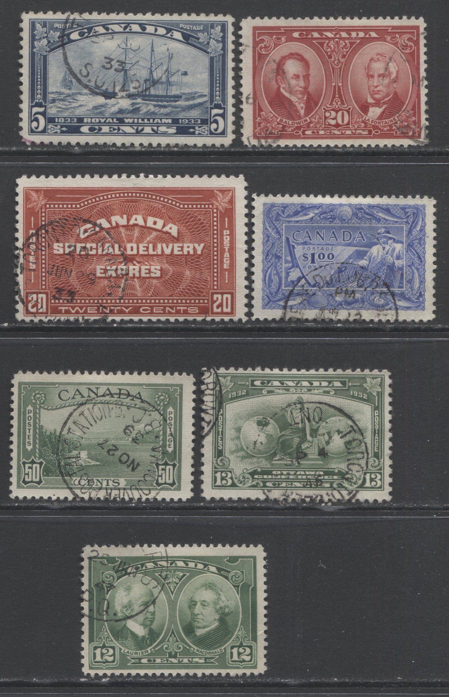 Lot 301 Canada #147-148, 194, 202, 244, 302, E4 12c - $1 Green - Ultramarine Various Subjects, 1927-1951 Commemoratives and Special Delivery, 7 Fine-Very Fine Used Singles, All CDS Cancels