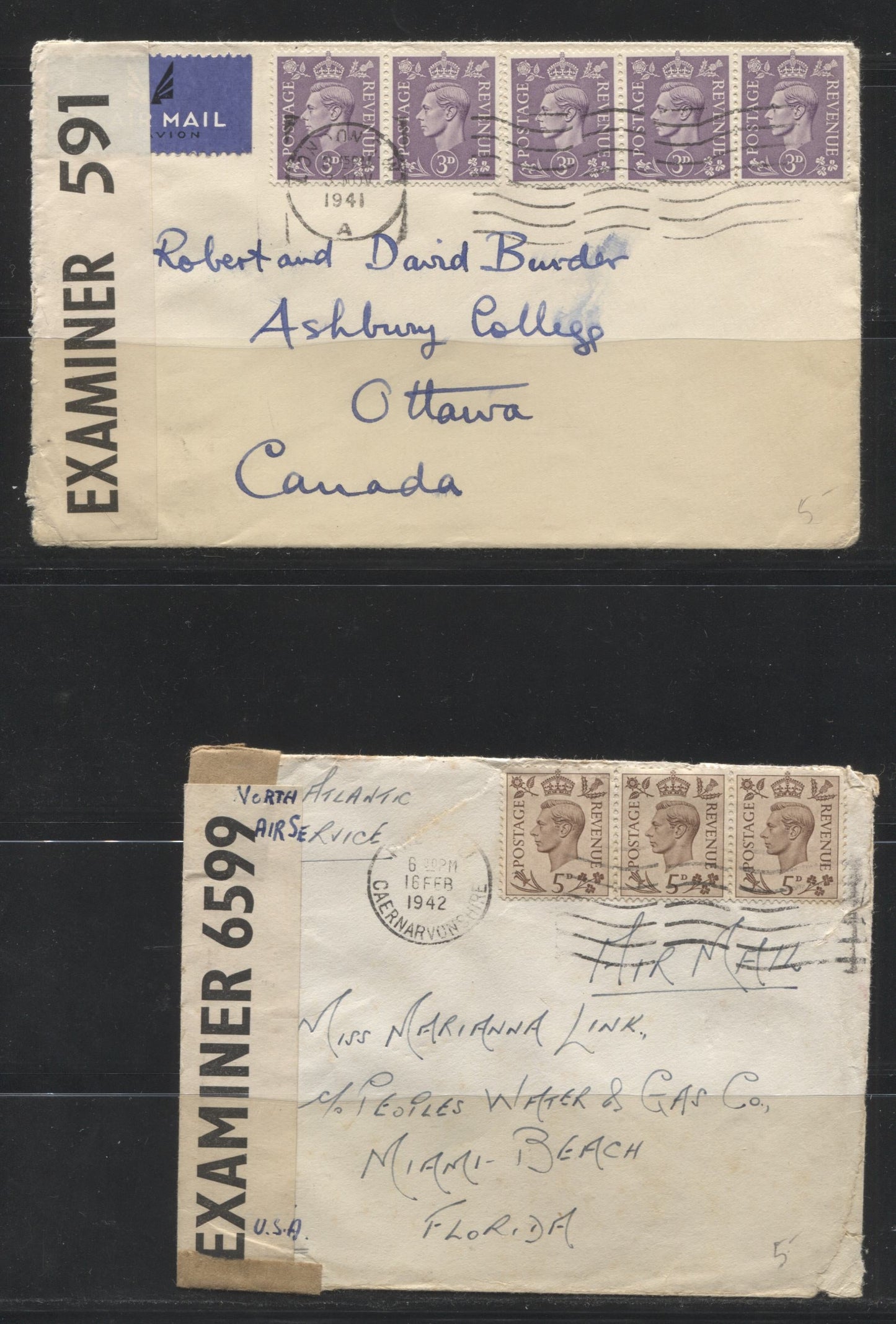 Lot 302 Great Britain, 1941-1942 Censored 1/3d Airmail Covers To Canada & Florida, Franked With Strips Of 3 5d stamps & 5 3d Stamps