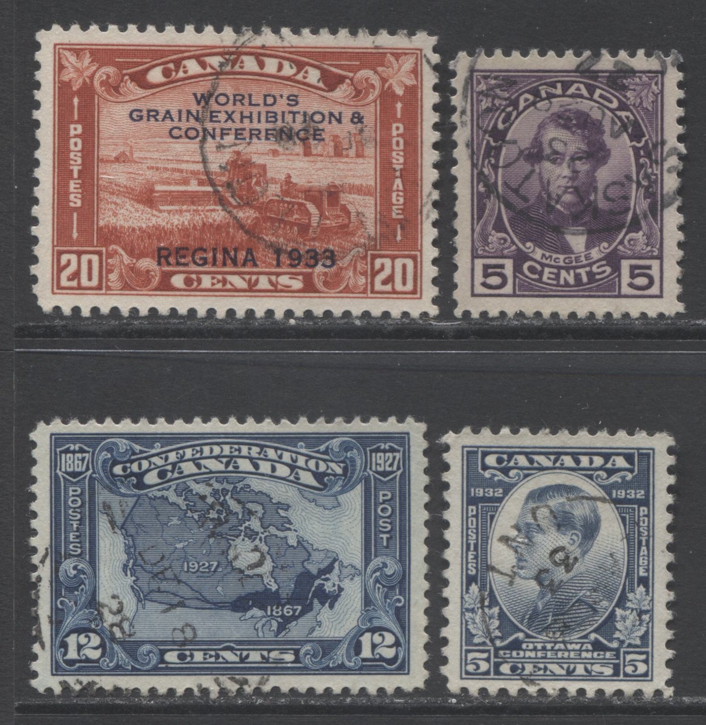 Lot 302 Canada #145, 146, 193, 203 5c - 20c Blue - Brown Red Various Subjects, 1927-1933 Commemoratives, 4 Very Fine Used Singles