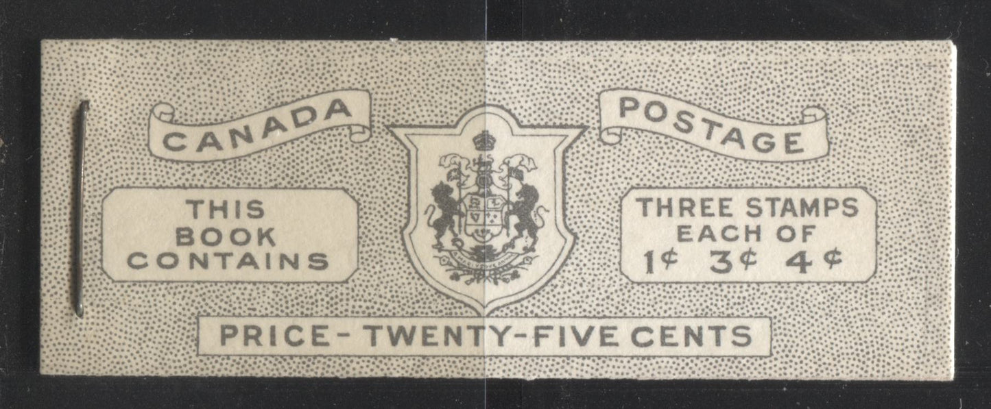 Lot 303 Canada #BK43b 1949-1953 Postes-Postage Issue Complete 25c Bilingual, Booklet Containing 1 Pane of 3 of Each of the 1c Green, 3c Rose Purple and 4c Carmine King George VI, Harris Front Cover Type IVa, Back Cover Iiii, No Rate Page