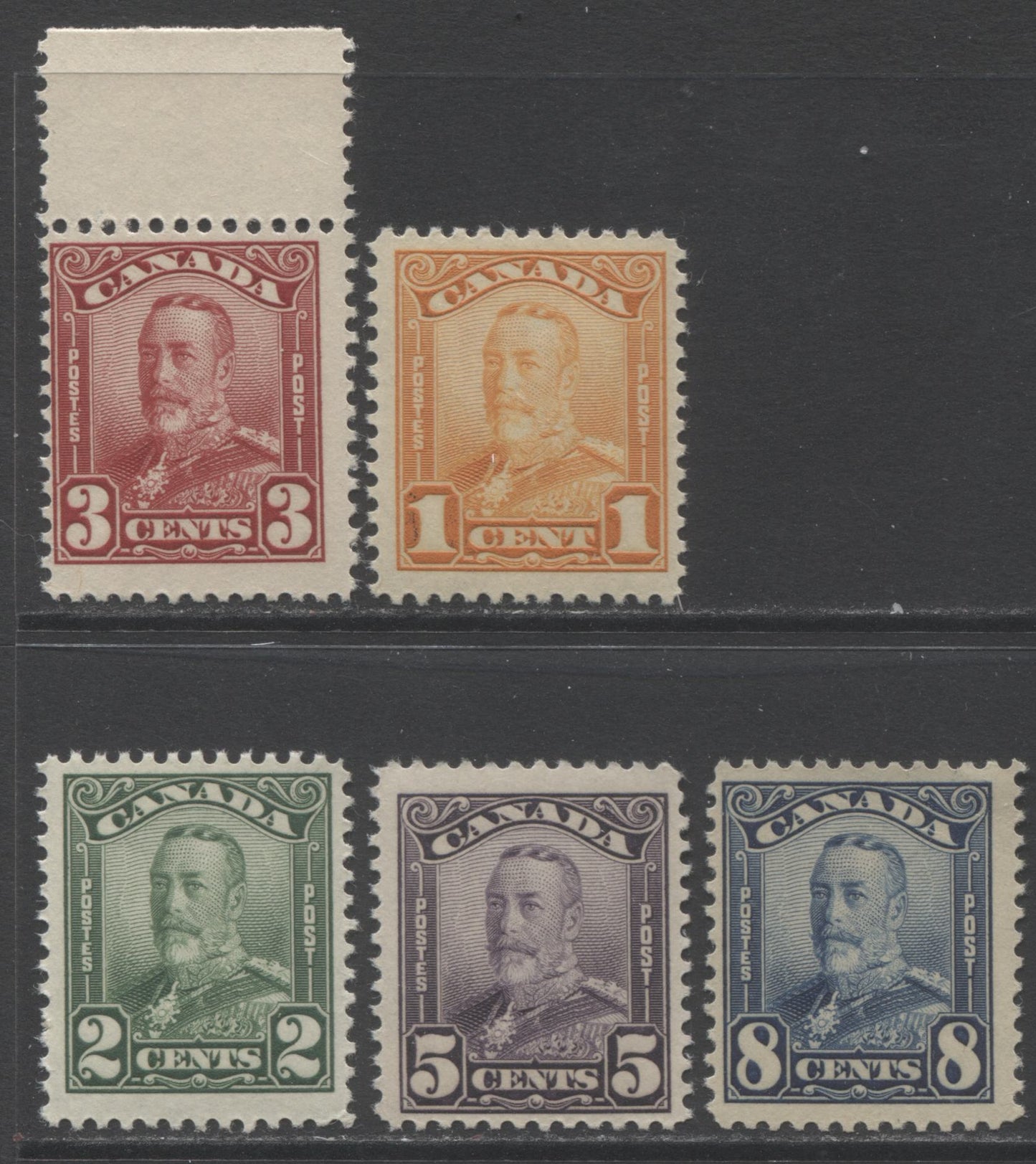 Lot 303 Canada #149-151, 153-154 1c - 8c Orange - Blue King George V, 1928-1929 Scroll Issue, 5 Fine NH Singles