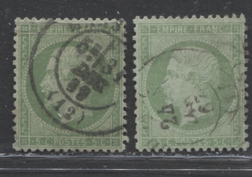 Lot 303 France SC#23 5c Yellow Green On Greenish 1862-1871 Perforated Napoleon III Definitive Issue, 2 Fine Used Examples, 2022 Scott Classic Cat. $20 USD, Net. Est. $10, Click on Listing to See ALL Pictures