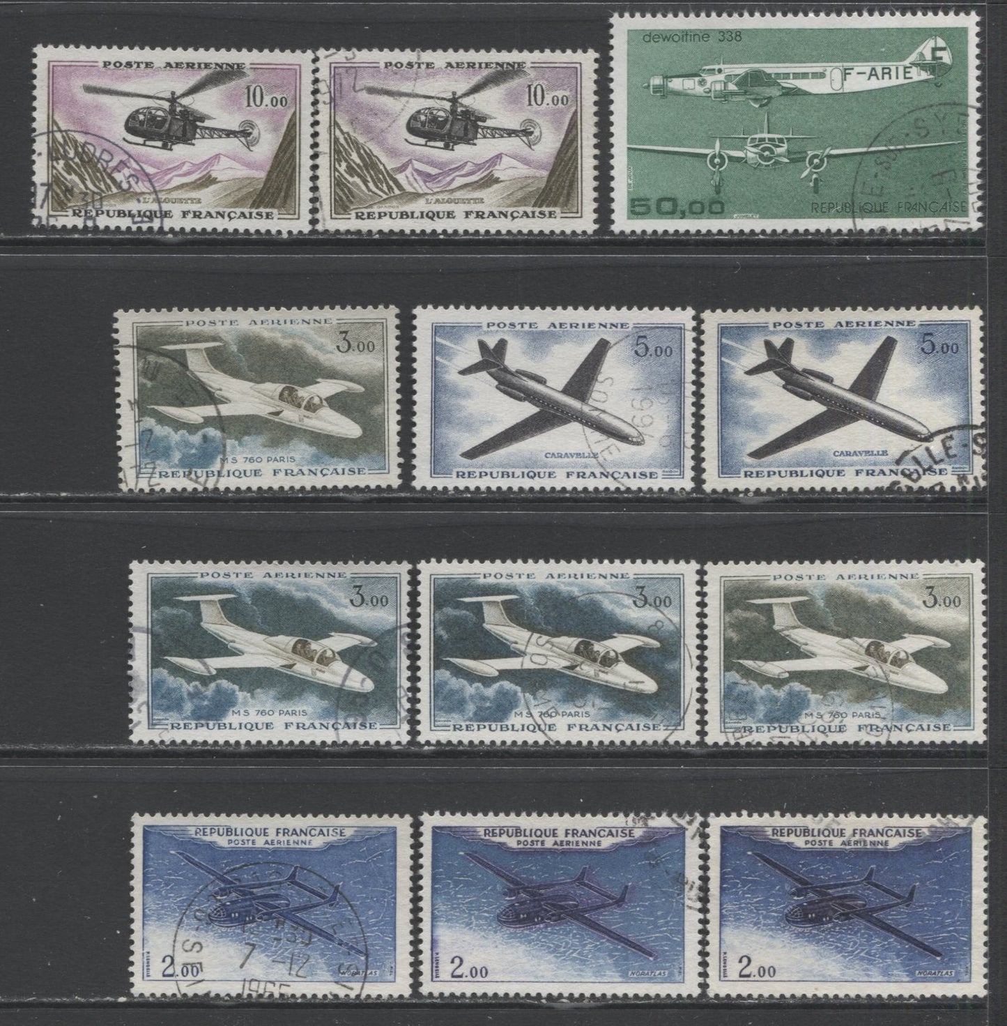 Lot 304 France SC#C37-C40 1960-1987 Airmail Issues, A VF Used Range Of Singles, With Unlisted Shade and Fluorescent Paper Varieties, 2017 Scott Cat. $12.15 USD, Click on Listing to See ALL Pictures