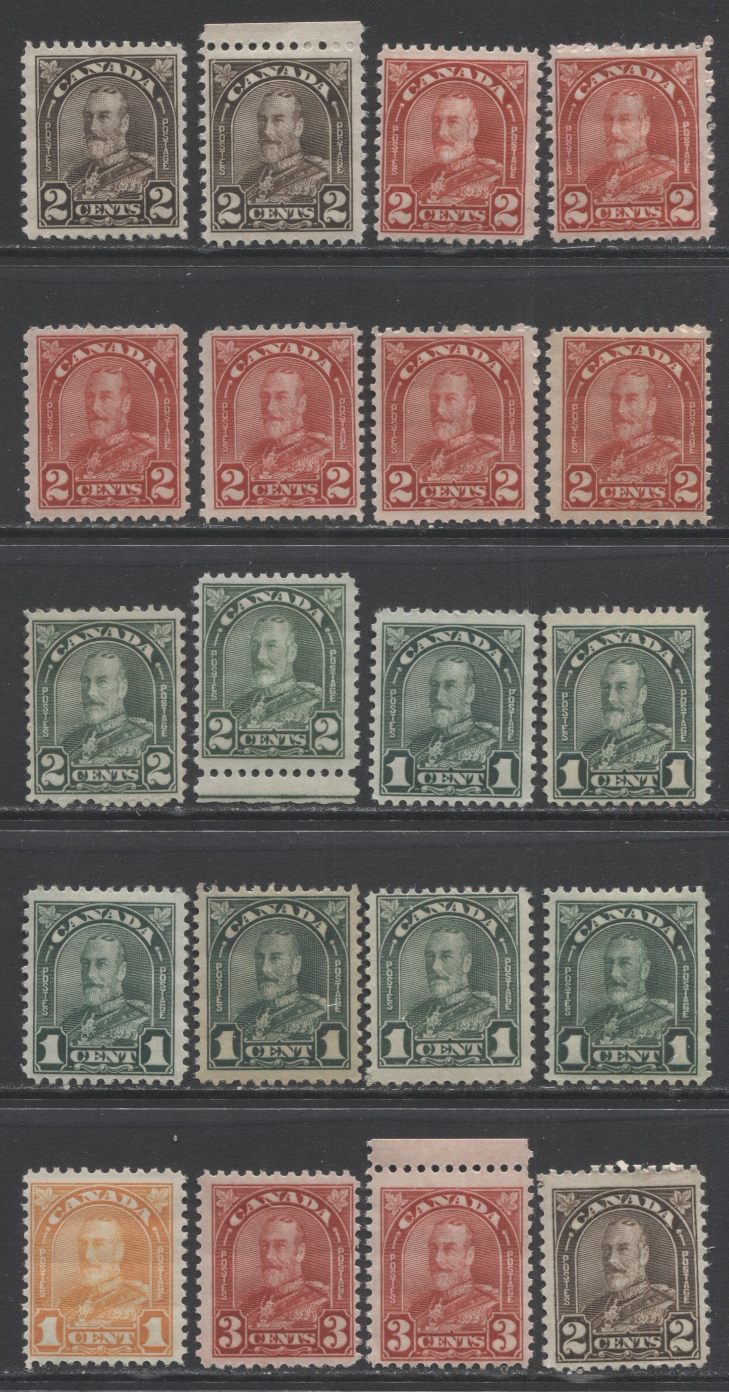 Lot 304 Canada #162-167 1c - 3c Orange - Deep Red King George V, 1930-1931 Arch/Leaf Issue, 18 Fine NH Single Includes Both Dies, Many Shades & Gums