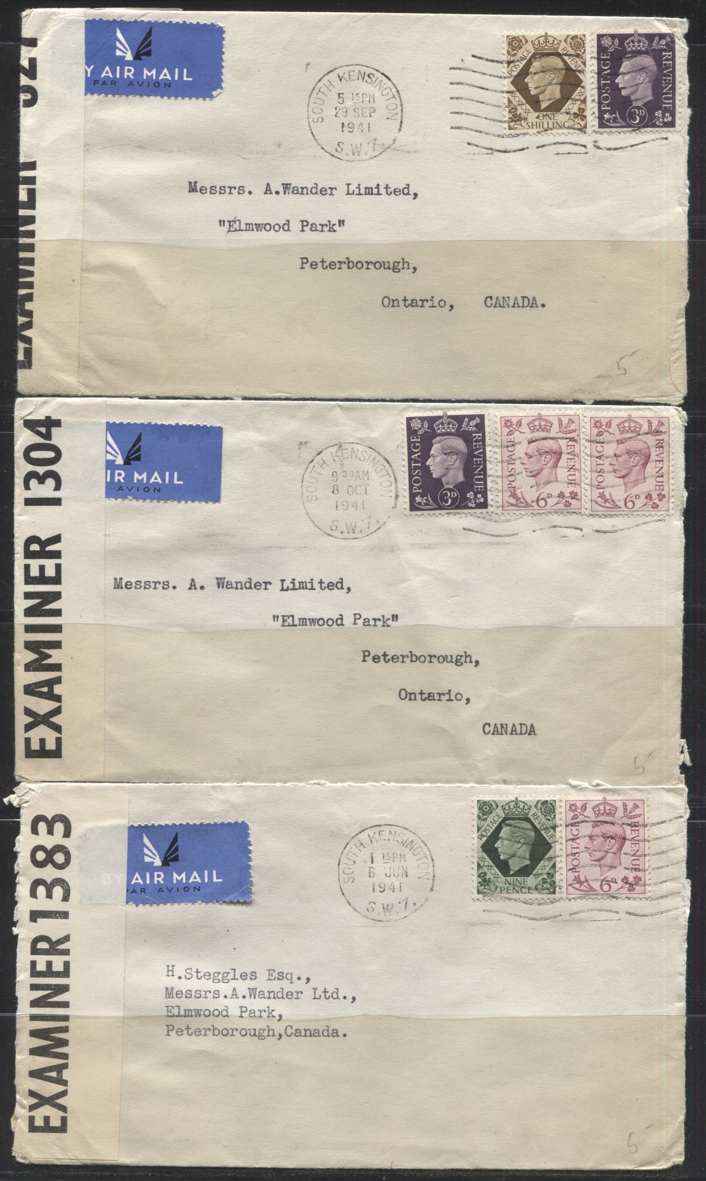 Lot 304 Great Britain, 1941 Censored 1/3d Airmail Covers To Canada Franked With Different Combinations of Stamps