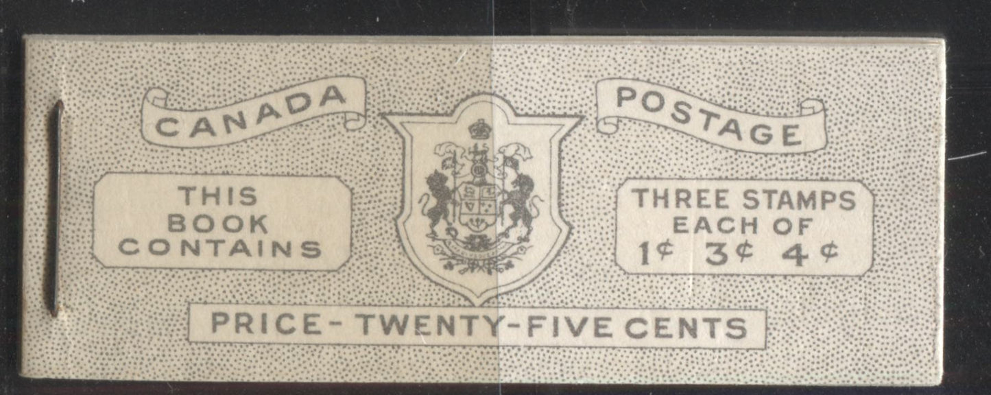 Lot 304 Canada #BK44e 1949-1953 Postes-Postage Issue Complete 25c English, Booklet Containing 1 Pane of 3 of Each of the 1c Green, 3c Rose Purple and 4c Carmine King George VI, Harris Front Cover Type IVd, Back Cover Iiii, No Rate Page