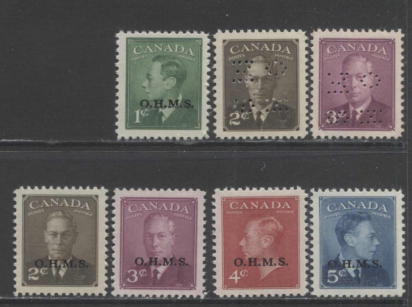 Lot 305 Canada #O10-285 - O10-286, O12-O15A 1c -5c Green - Deep Blue King George VI, 1950 OHMS Overprint & 4 Hole OHMS Perfin Postes-Postage Issue, 7 Fine NH and VFNH Singles