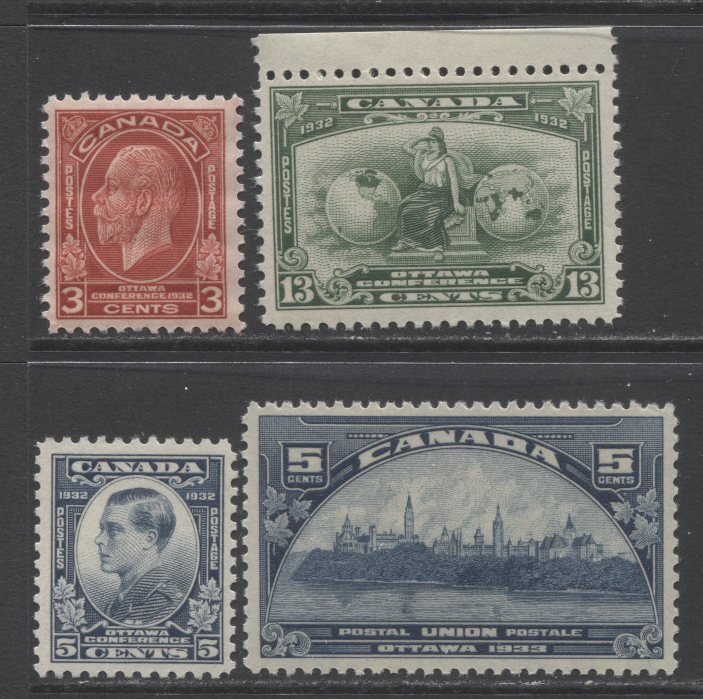 Lot 306 Canada #192-194, 202 3c - 13c Deep Red - Deep Green King George V, Prince Of Wales, Britannia & Parliament Building, 1932-1933 Imperial Economic Conference & UPU Issues, 4 VFNH Singles