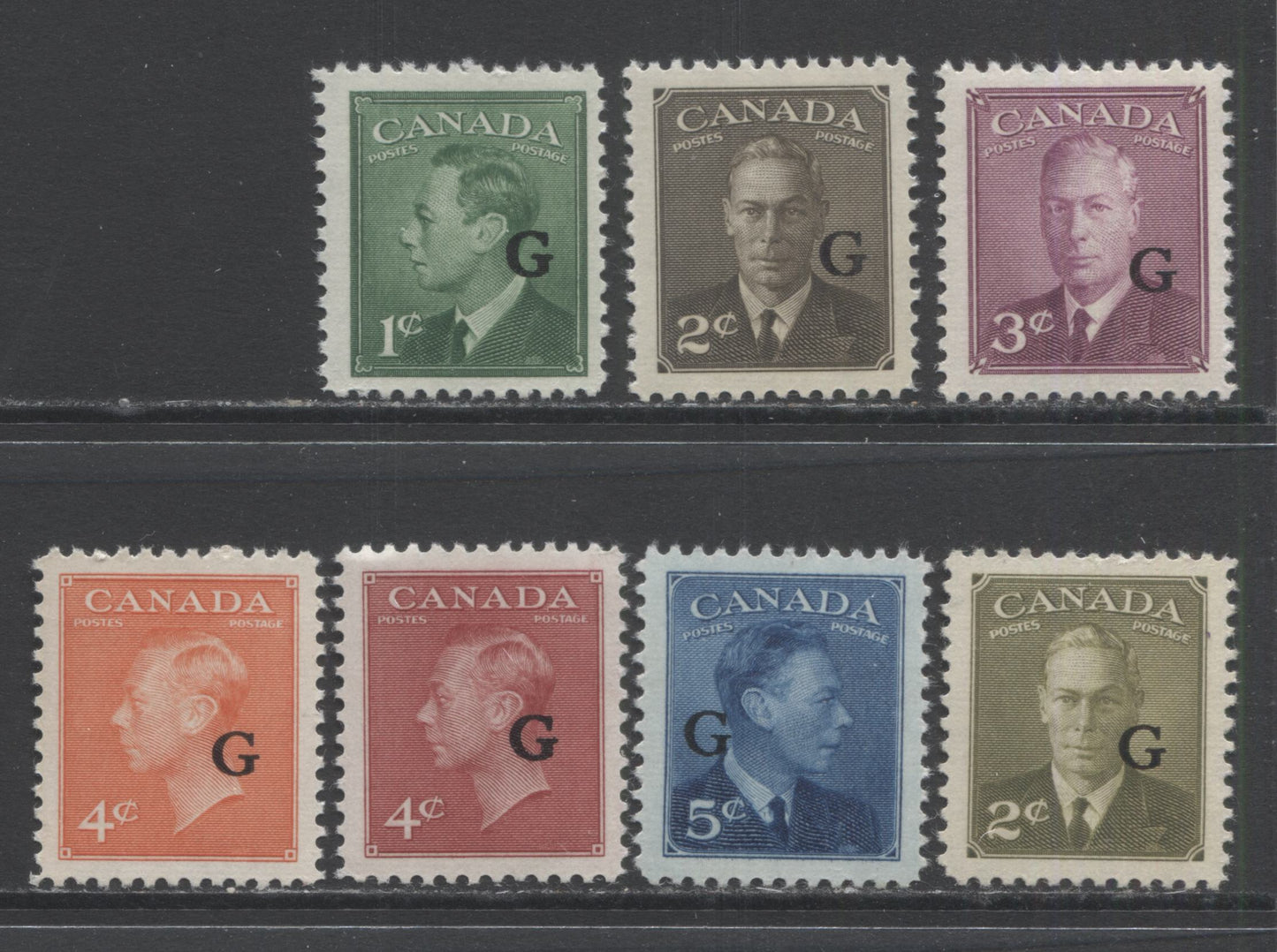 Lot 306 Canada #O17-O20, O28-O29 1c-5c Green - Deep Blue King George VI, 1950-1953 G Overprint Postes-Postage Issues, 7 VFNH Singles