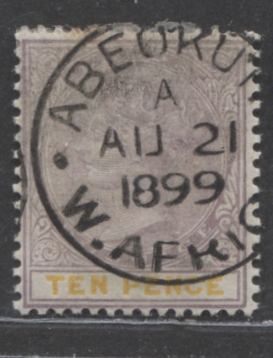 Lot 306 Lagos SG#37 (SC#30) 10d Mauve and Deep Lemon, Queen Victoria, 1887-1902 Bicoloured Keyplate Issue, A VF Used Example With August 21, 1899 Abeokuta Cancel, 2022 Scott Classic Cat. $15 USD,  Click on Listing to See ALL Pictures