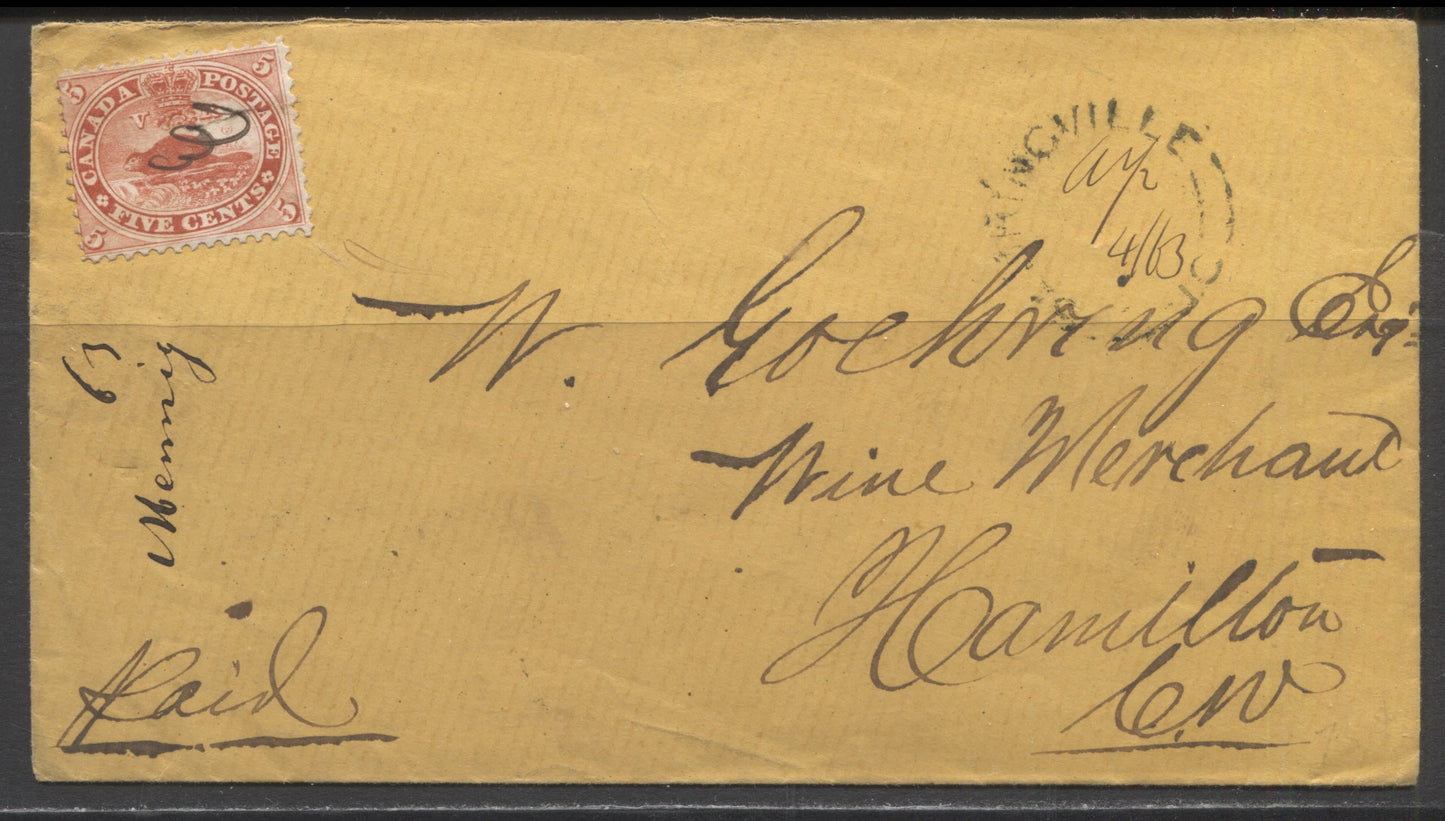 Lot 306 Canada #15 5c Vermilion, Beaver, 1859-1867 First Cents Issue, Single Usage of Perf. 12 on April 7, 1863 Cover to Hamilton, ON, Stamp May not Belong
