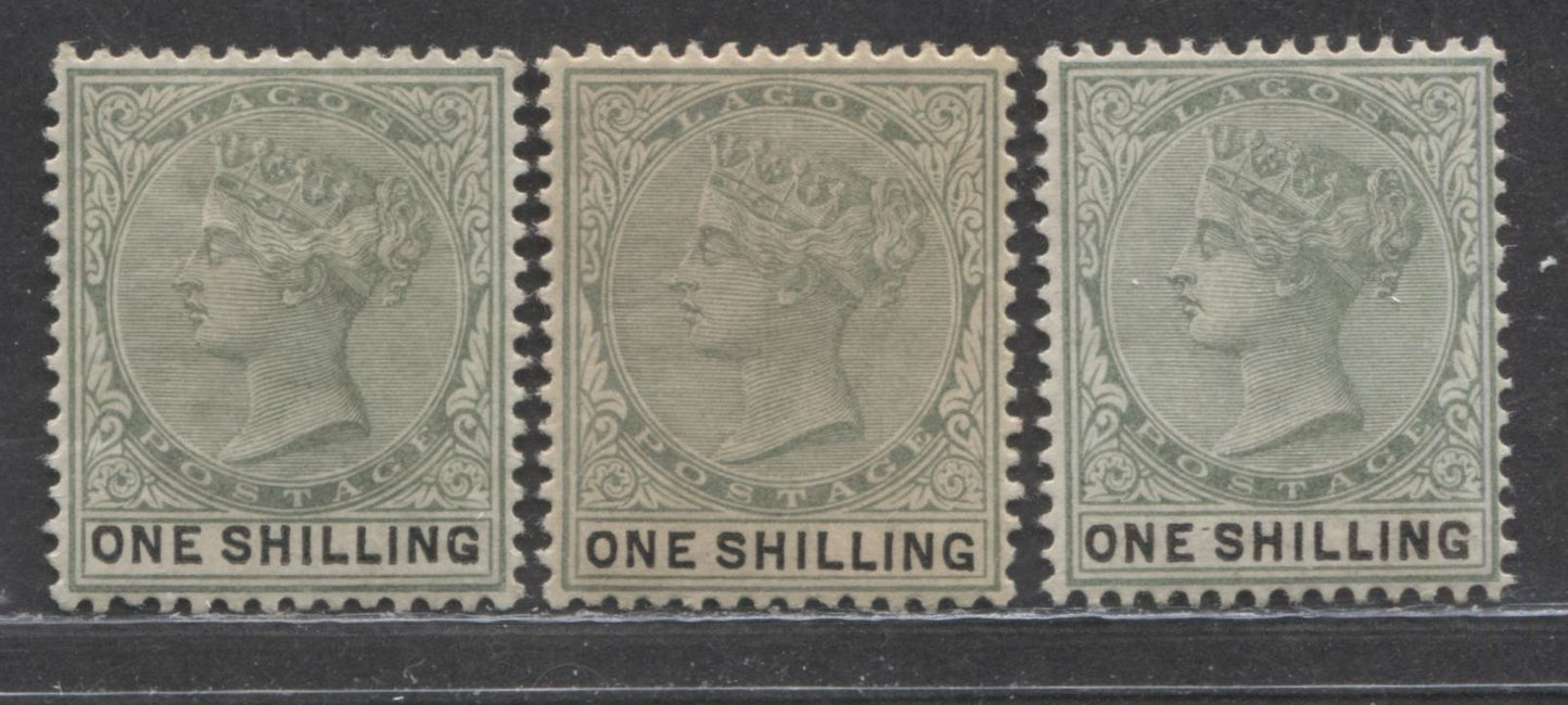 Lot 307 Lagos SG#38 (SC#32) 1/- Dull Green & Black, Queen Victoria, 1887-1902 Bicoloured Crown CA Watermarked Issue, 3 Different Printings, VF Mint OG Examples, 2022 Scott Classic Cat. $19.5 USD,  Click on Listing to See ALL Pictures