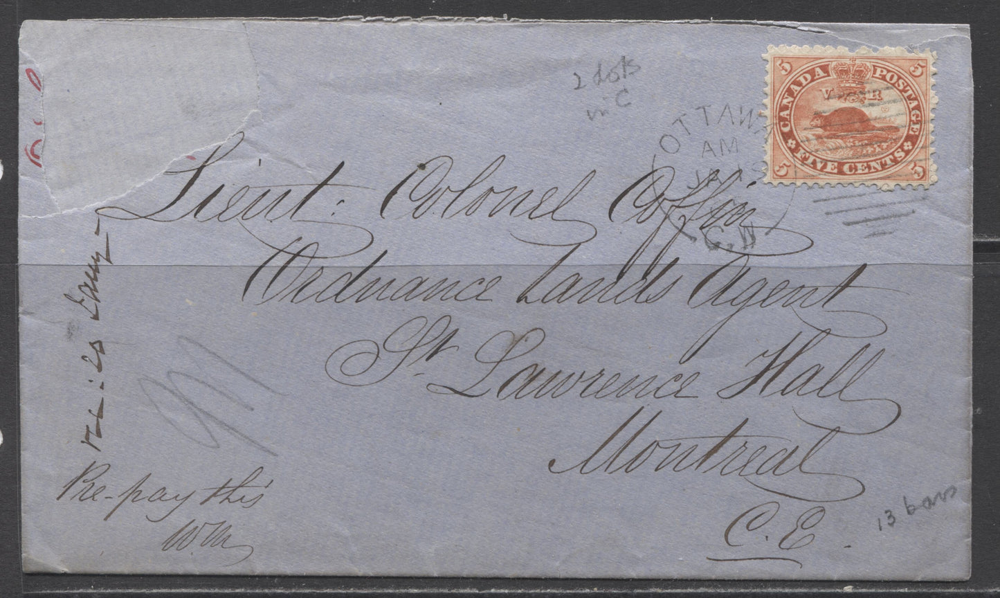 Lot 307 Canada #15ii 5c Orange Red, Beaver, 1859-1867 First Cents Issue, Single Usage of Perf. 11.75 x 12 on January 19, 1865 Cover to Montreal, Quebec, Beautiful Penmanship and Addressed to Lieutenant Colonel Coffin