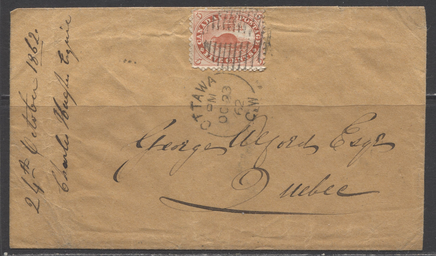 Lot 308 Canada #15ii 5c Orange Red, Beaver, 1859-1867 First Cents Issue, Single Usage of Perf. 12 x 11.75 on October 23, 1863 Cover to Quebec, Nice Penmanship