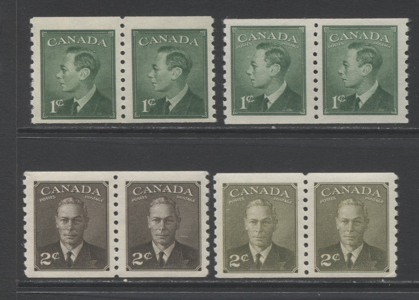 Lot 308 Canada #295, 297, 298, 309 1c-2c Green - Olive Green King George VI, 1949-1951 Postes-Postage & Postes-Postage Omitted Coil Issues, 4 Fine NH and VFNH Coil Pairs On Horizontal Wove & Vertical Ribbed Papers With Cream Gum