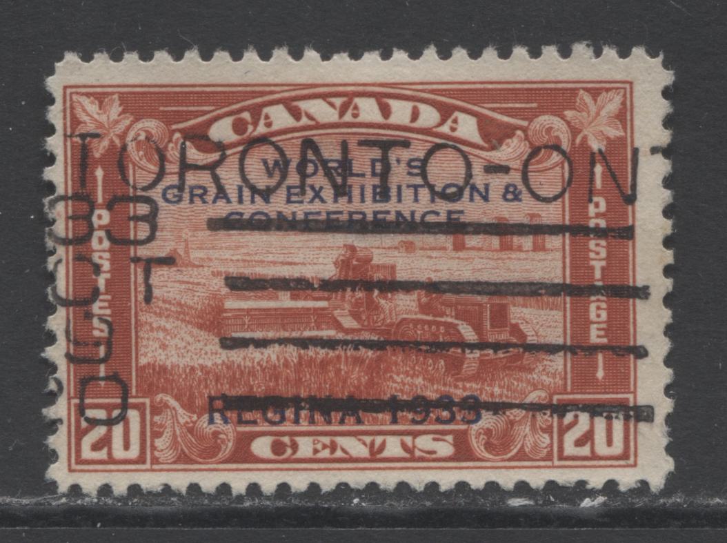 Lot 308 Canada #203i 20c Brown Red Harvesting Wheat Overprint, 1933 Grain Exhibition, A Fine Used Single, Broken X Variety