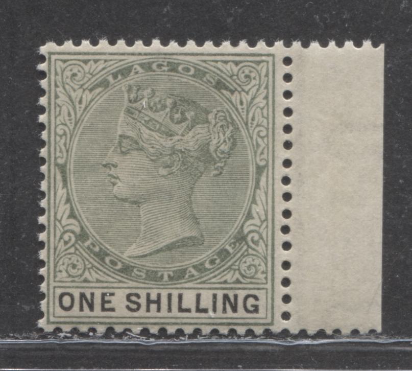 Lot 309 Lagos SG#38 (SC#32) 1/- Deep Dull Green & Black, Queen Victoria, 1887-1902 Bicoloured Crown CA Watermarked Issue, a VFNH Right Sheet Margin Example, 2022 Scott Classic Cat. $6.50 for hinged,  Click on Listing to See ALL Pictures