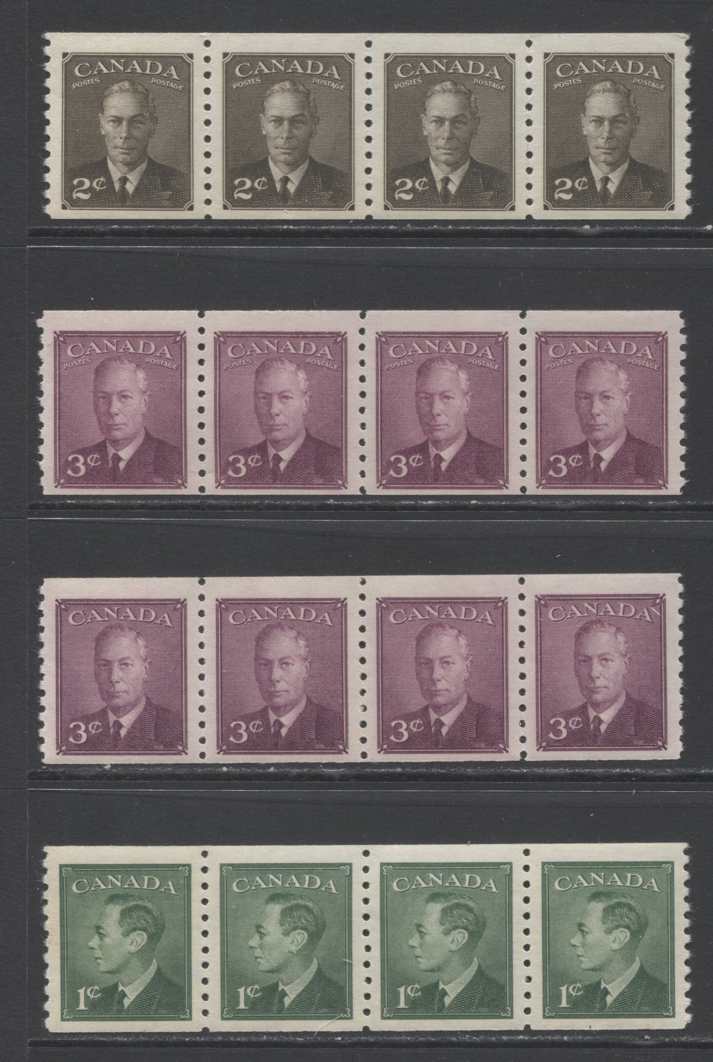 Lot 309 Canada #295-296, 298-299 1c-3c Green - Rose Violet King George VI, 1949-1951 Postes-Postage & Postes-Postage Omitted Coil Issues, 4 F/VFNH Coil Strips Of 4 On Horizontal Wove & Vertical Ribbed Papers With Cream Gum