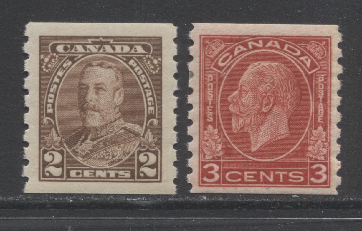 Lot 309 Canada #207, 229 2c & 3c Deep Red & Brown King George V, 1933-1935 Medallion & Pictorial Coil Issues, 2 VFOG Singles With Non-Striated Cream Gum & Deep Cream Gum