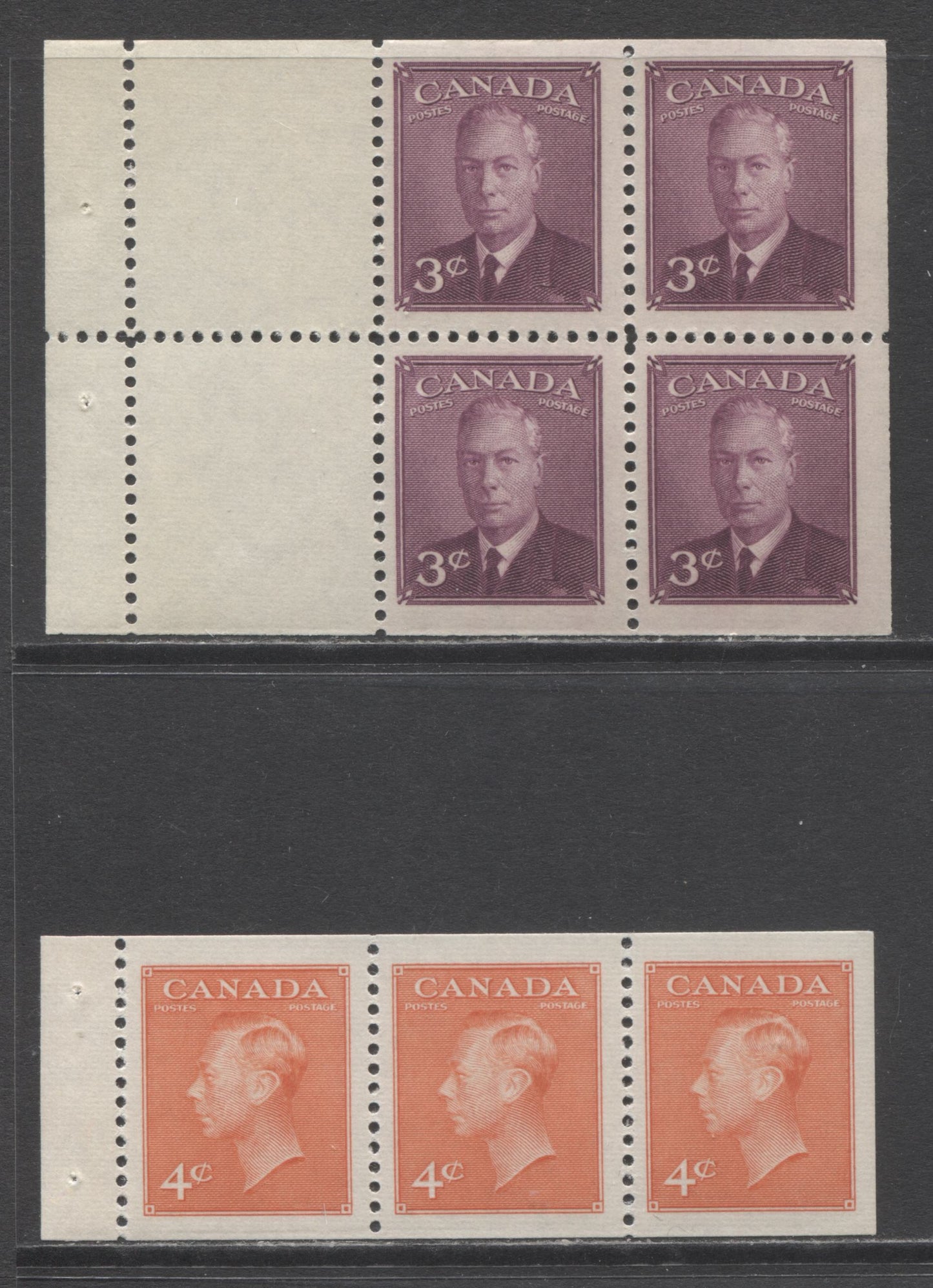 Lot 310 Canada #286b, 306a 3c & 4c Rose Violet & Orange Vermillion King George VI, 1949-1951 Postes-Postage Issues, 2 Fine NH and VFNH Booklet Panes Of 3 & 4 On Ribbed Papers