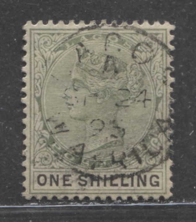 Lot 310 Lagos SG#38 (SC#32) 1/- Dull Green & Black, Queen Victoria, 1887-1902 Bicoloured Crown CA Watermarked Issue, a VF Used Example, SON September 24, 1895 Lagos CDS, 2022 Scott Classic Cat. $32.5 USD,  Click on Listing to See ALL Pictures