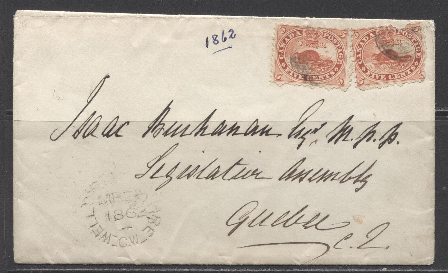 Lot 310 Canada #15c 5c Brick Red, Beaver, 1859-1867 First Cents Issue, Double Usage of Perf. 11.75 on March 22, 1862 Cover to Isaac Buchanan, Member of Parliament