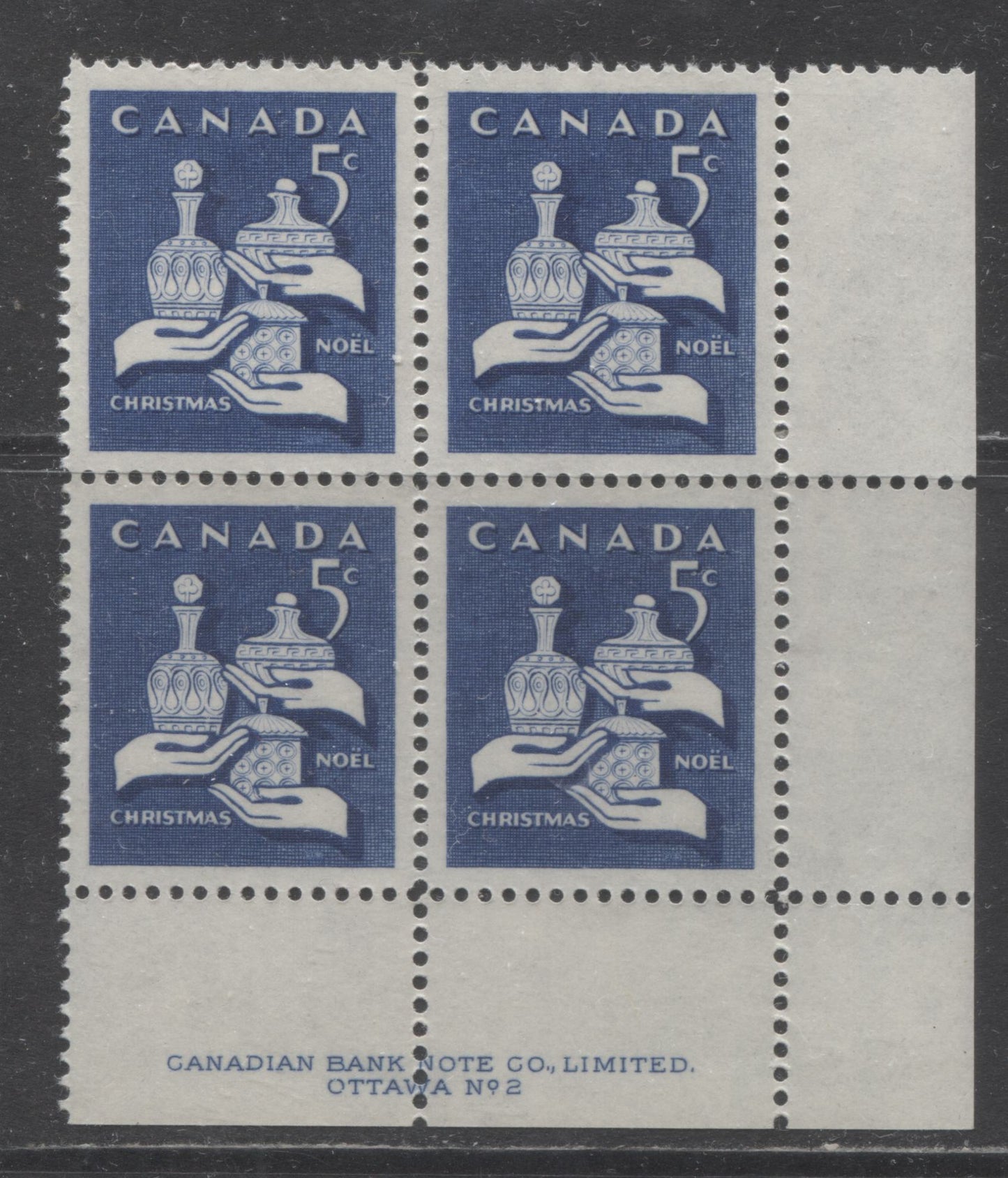 Lot 31 Canada #444 5c Violet Blue Gifts From The Wisemen, 1965 Christmas Issue, A VFNH LR Plate 2 Block Of 4 On Dull Fluorescent Paper With Aniline Ink