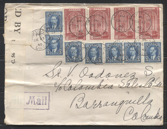 Lot 31 Canada #241a, 235 5c Deep Blue King George VI and 10c Carmine Rose Memorial Chamber, 1937-1942 Mufti Issue, Combination Usage on Censored 1940 3/4 OZ Airmail Cover to Colombia