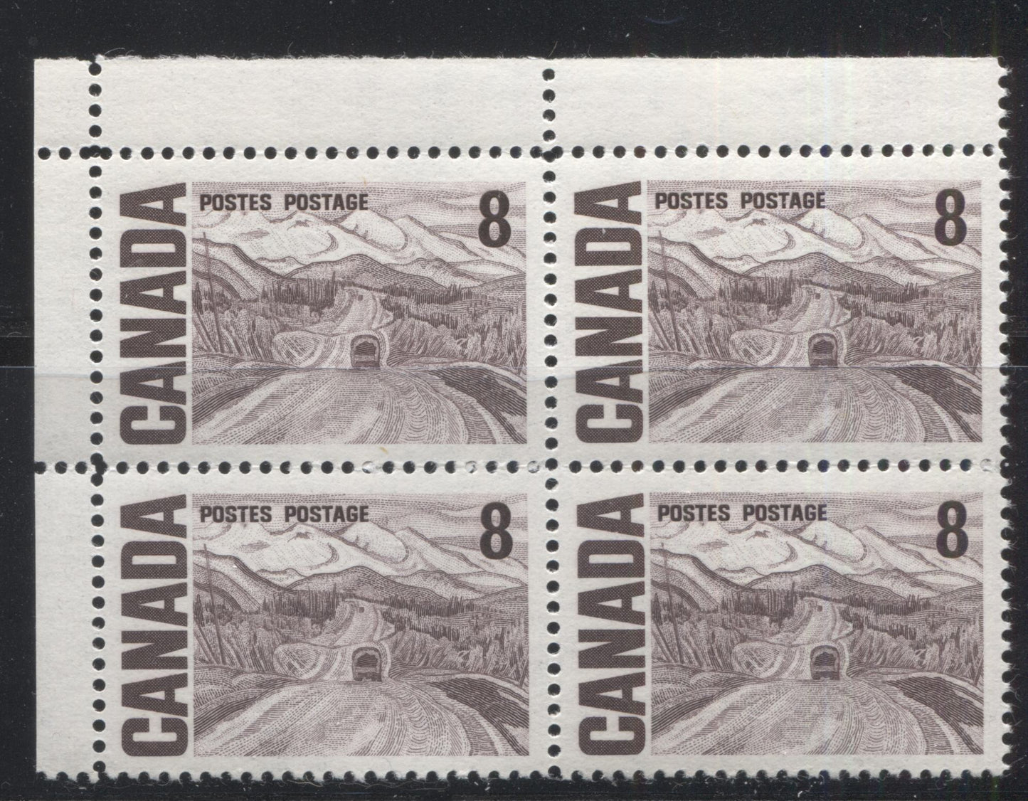 Lot 31 Canada #461ii 8c Violet Brown Alaska Highway, 1967-1973 Centennial Definitive Issue, A VFNH UL Field Stock Block Of 4 On HB9 Vertical Wove, Vertical Ribbed Paper With Smooth Dex Gum