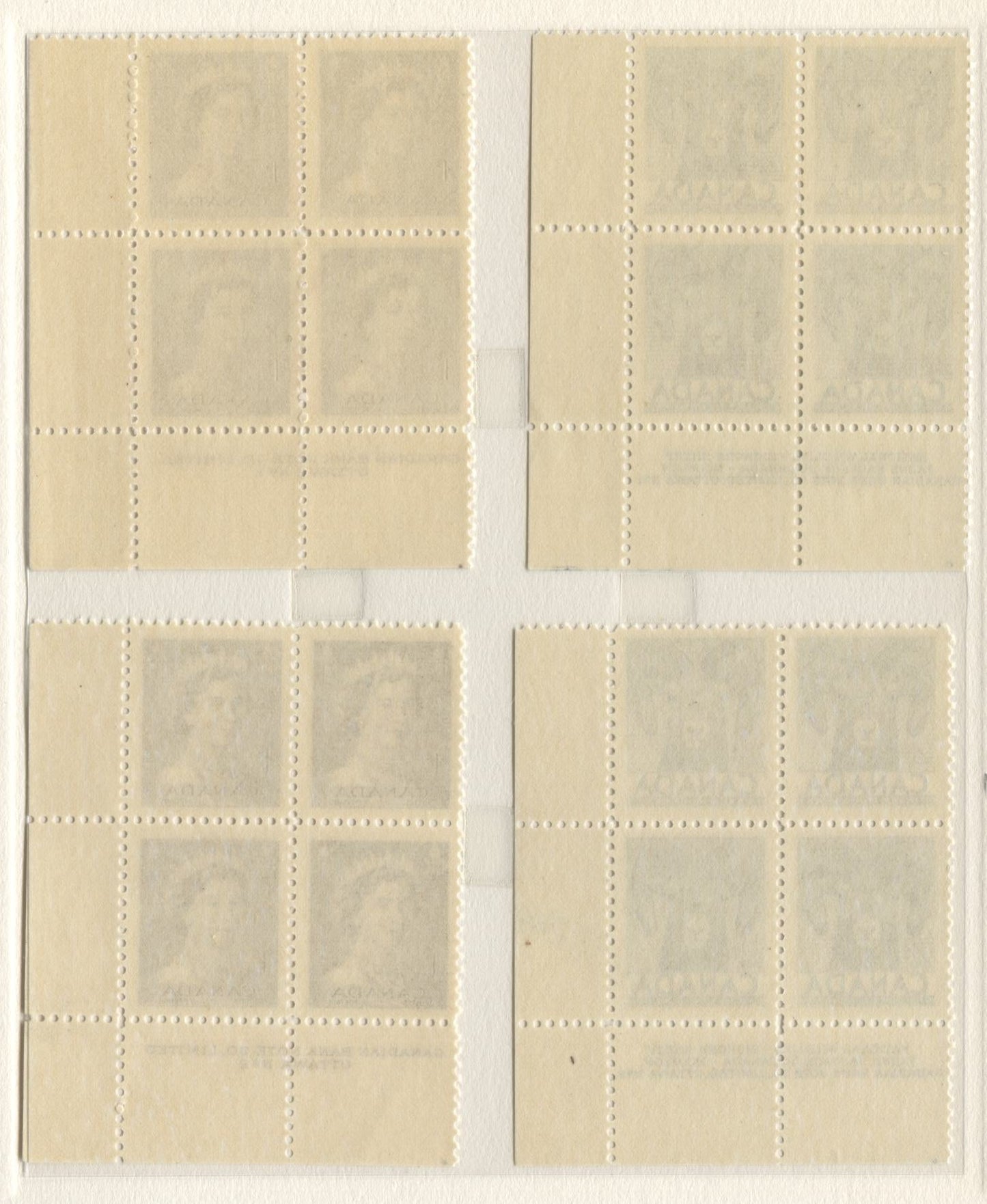 Lot 31 Canada #324-326 1c - 4c Violet Brown - Slate Queen Elizabeth II - Bighorn Sheep, 1953 Wildlife & Karsh Issues, 9 Fine and VFNH LR Plates 1-3, 6 Blocks Of 4
